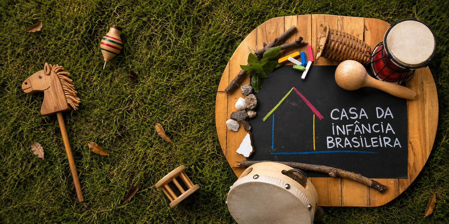 Mesa com brinquedos e instrumentos brasileiros ao redor da lousa da Casa da Infância Brasileira